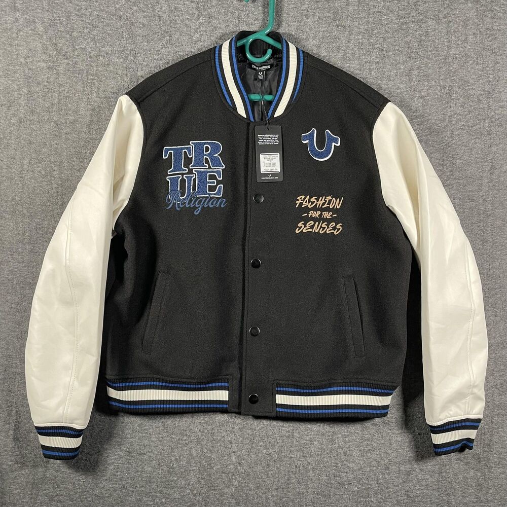 True Religion Varsity Jacket XL Black Wool Leather Sleeves Spellout Streetwear